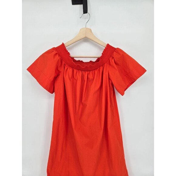 J. Crew Women Off The Shoulder Orange Cotton Babydoll Smocked Dress Size 2 - Picture 5 of 13